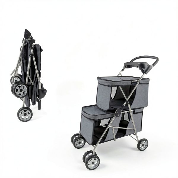 Tokenkuko Pet Stroller Double Deckers Foldable Gray-1