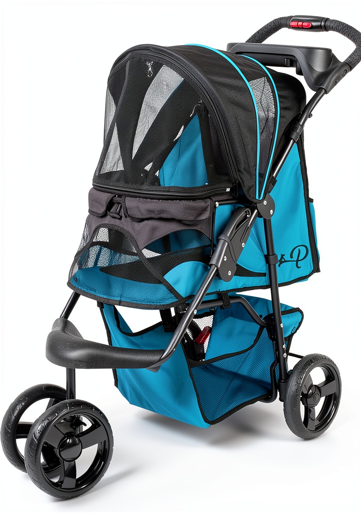 Petique pet stroller in a park setting with a dog inside