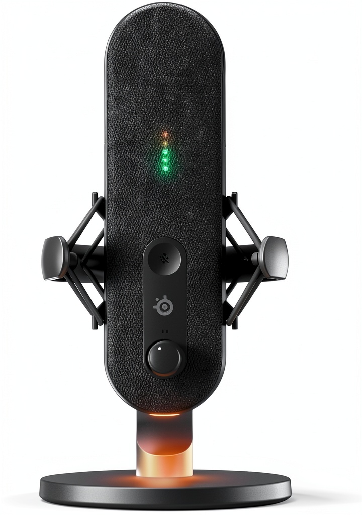 SteelSeries microphone mounted on a gaming desk with RGB lighting