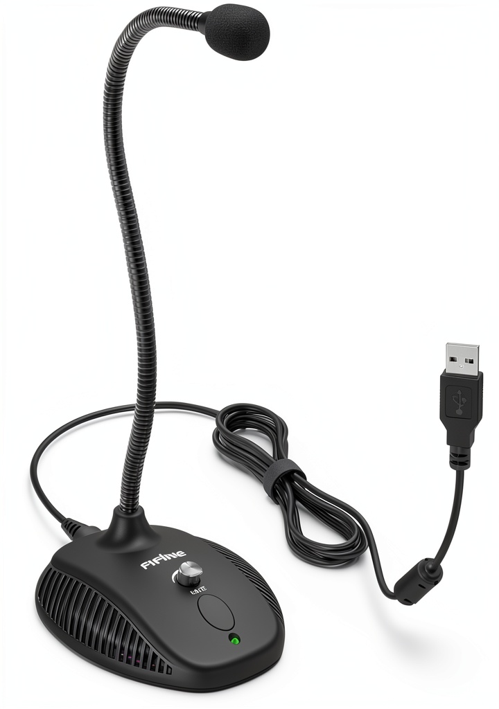 User adjusting the flexible gooseneck microphone on a home office desk