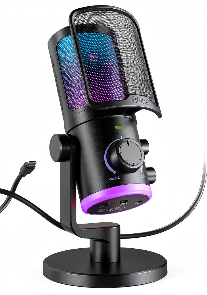 FIFINE AM6 microphone on a gaming desk with RGB lighting