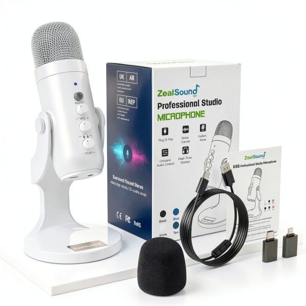 ZealSound K66W USB Gaming Microphone White Compact Studio Mic with-6
